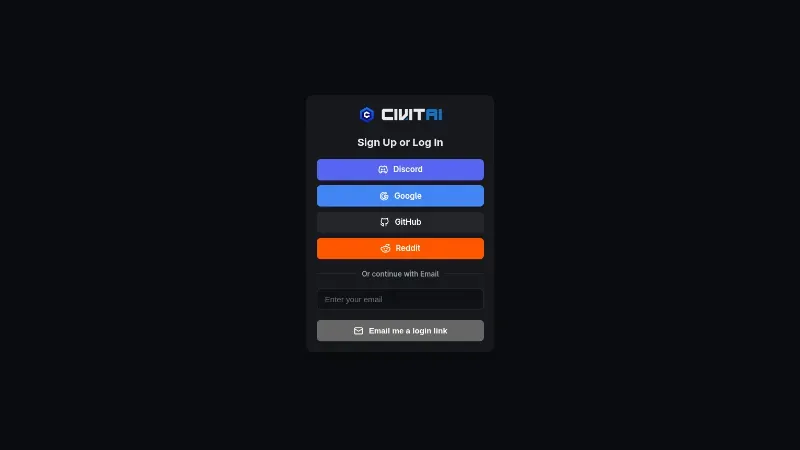 Civitai sign up page with email and social login options