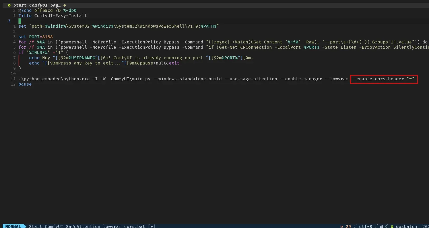 ComfyUI terminal showing CORS flag enabled