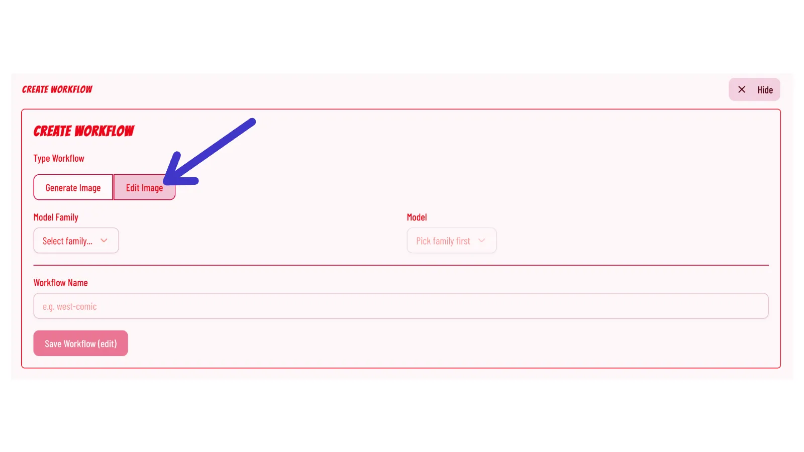 Create workflow button with edit mode selected