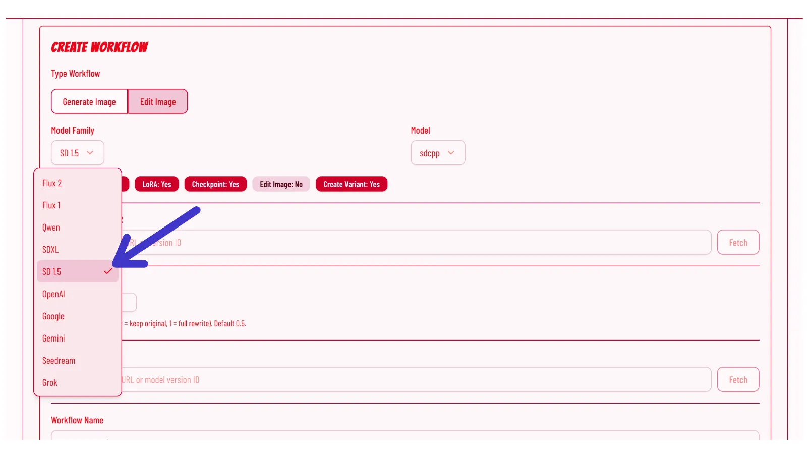 Model family dropdown showing SD 1.5 and model sdcpp selected